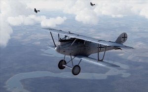 Pfalz D.IIIa flying over a river